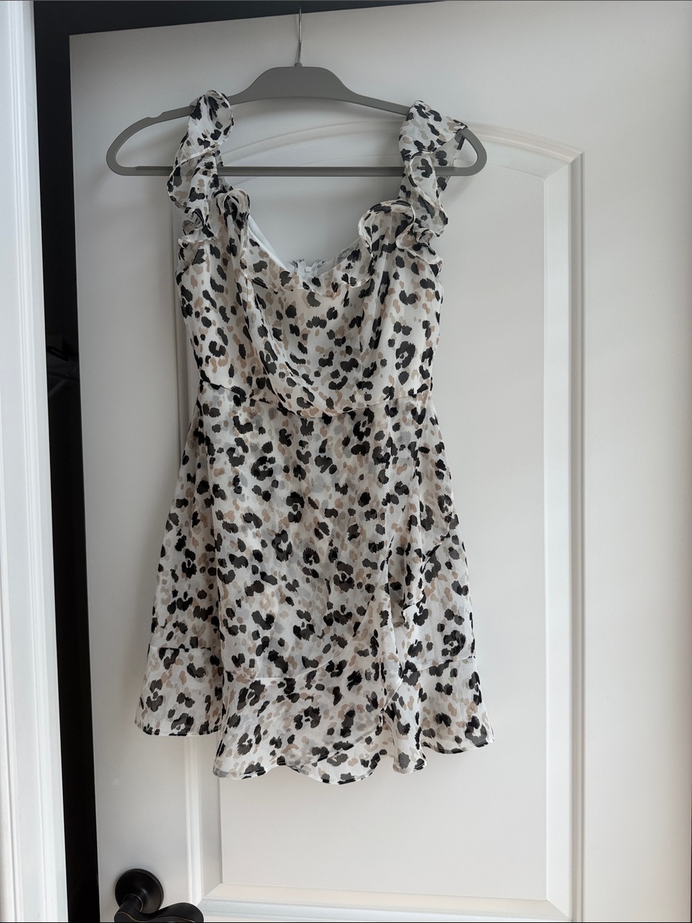 Blue Rain Neutral Leopard-Print Ruffle Strap Mini Dress